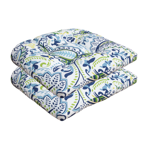 Indoor/Outdoor Wicker Seat Chair Cushion, Set of 2, Green/Blue Paisley