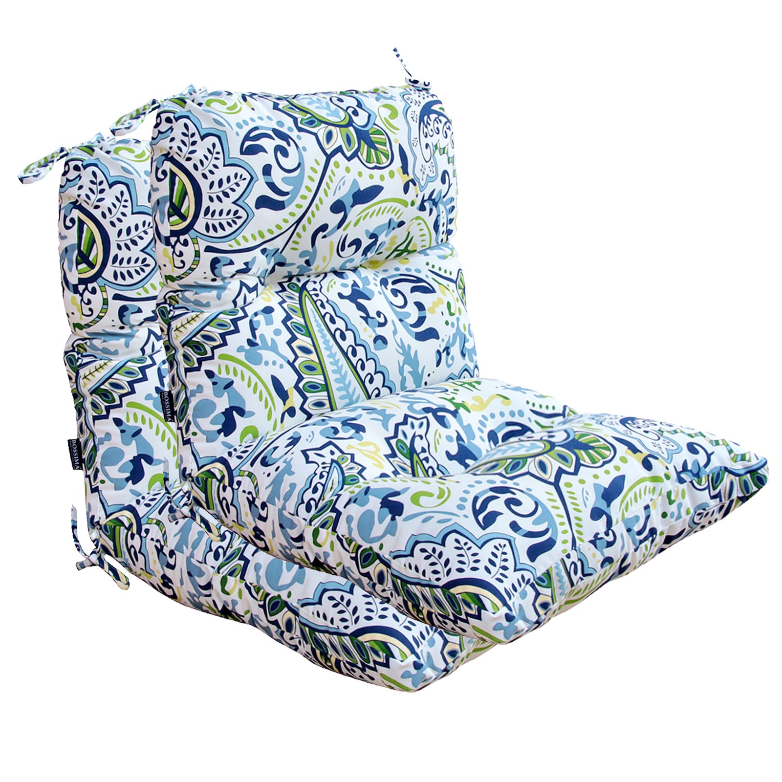 Outdoor Indoor High Back Chair Tufted Cushions Set of 2 Green/Blue Paisley