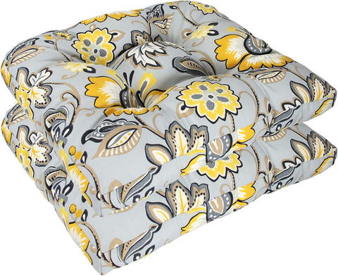 Indoor/Outdoor Wicker Seat Chair Cushion, Set of 2, Flower Prints Yellow/Grey