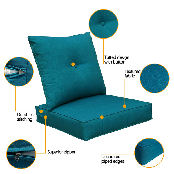 Indoor/Outdoor Deep Seat Chair Cushion Set, 1 Seat Cushion and 1 Back Cushion Teal Blue