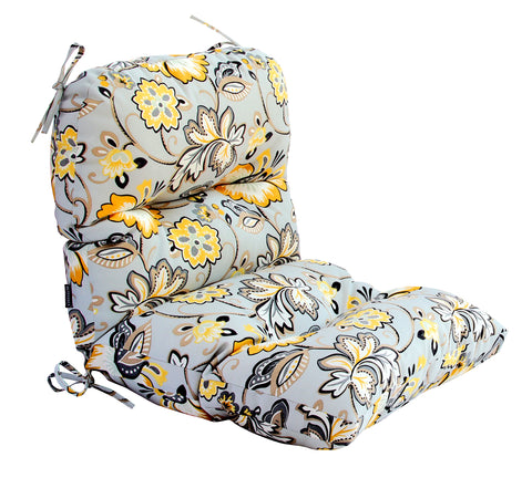 Outdoor Indoor High Back Chair Tufted Cushions Flower Prints Grey/Yellow