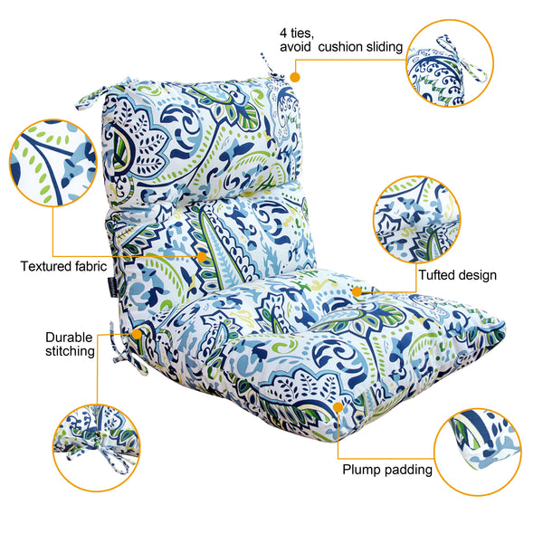 Outdoor Indoor High Back Chair Tufted Cushions Set of 2 Green/Blue Paisley