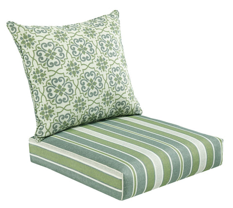 Indoor/Outdoor Deep Seat Chair Cushion Set, 1 Seat Cushion and 1 Back Cushion Green/Grey Damask/Striped