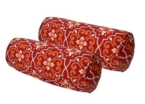 Red Damask Round Bolster Pillow (Set of 2)
