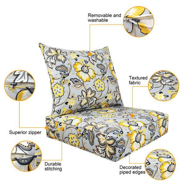 Indoor/Outdoor Deep Seat Chair Cushion Set, 1 Seat Cushion and 1 Back Cushion Olefin Mixed Yellow/Grey