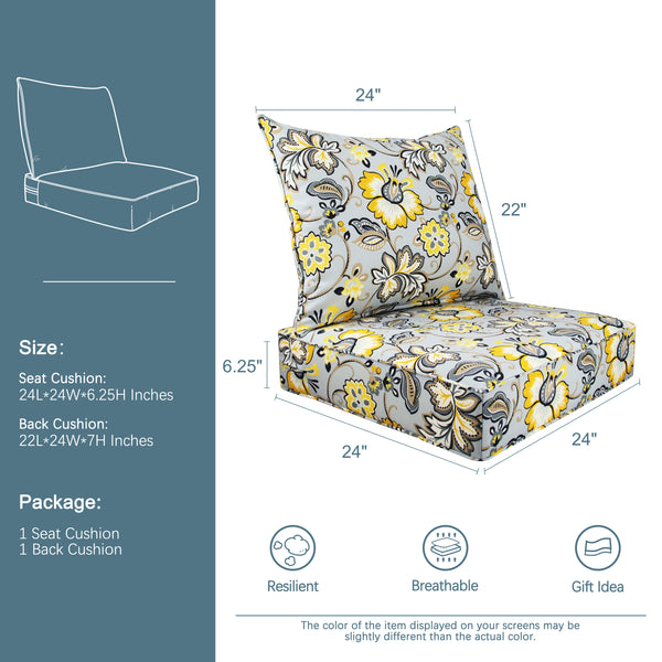 Indoor/Outdoor Deep Seat Chair Cushion Set, 1 Seat Cushion and 1 Back Cushion Olefin Mixed Yellow/Grey