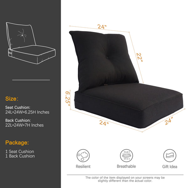 Indoor/Outdoor Deep Seat Chair Cushion Set, 1 Seat Cushion and 1 Back Cushion Olefin Black